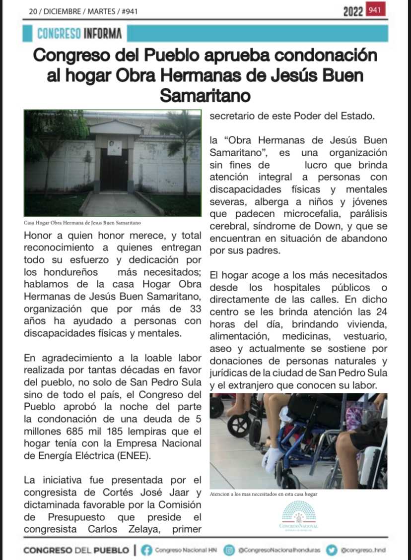 Congreso del Pueblo aprueba condonación al hogar Obra Hermanas de Jesús Buen Samaritano